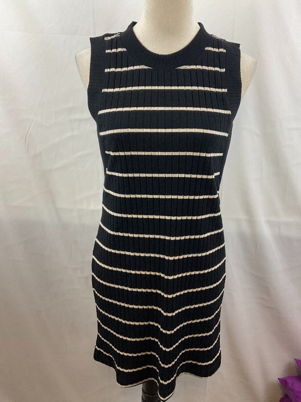 Evereve Knit Ribbed Dress XS Black Cream Stripe Sleeveless